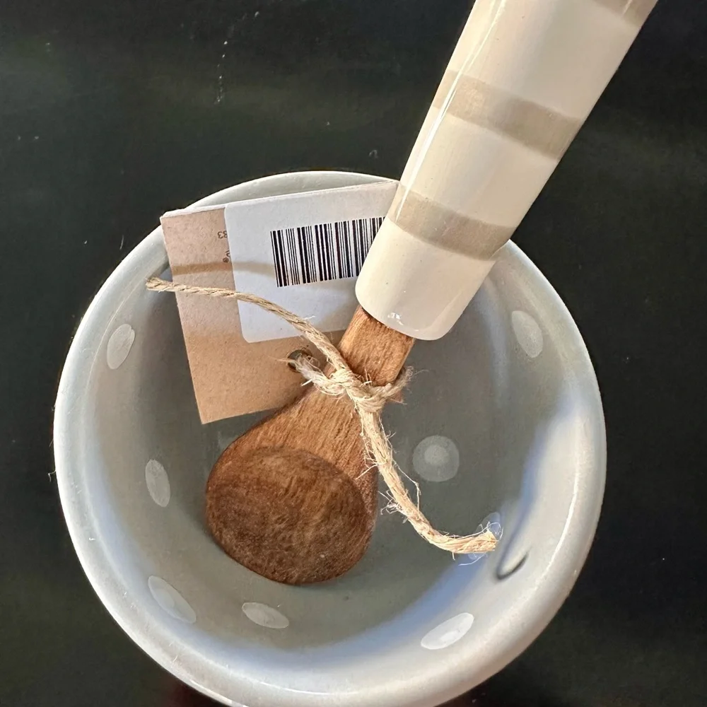 Mud Pie Gray and White Bowl with Wooden Spoon - Picture 3 of 4